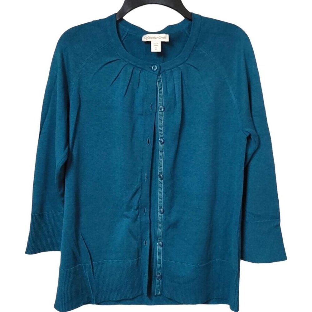 Coldwater Creek 3/4 Sleeve Cardigan Sweater Teal Women's Size Small 8 Silk Blend